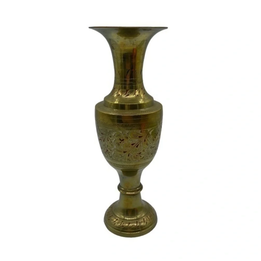 Brass Etched with White and Red Inlay Leaf Pattern Vase